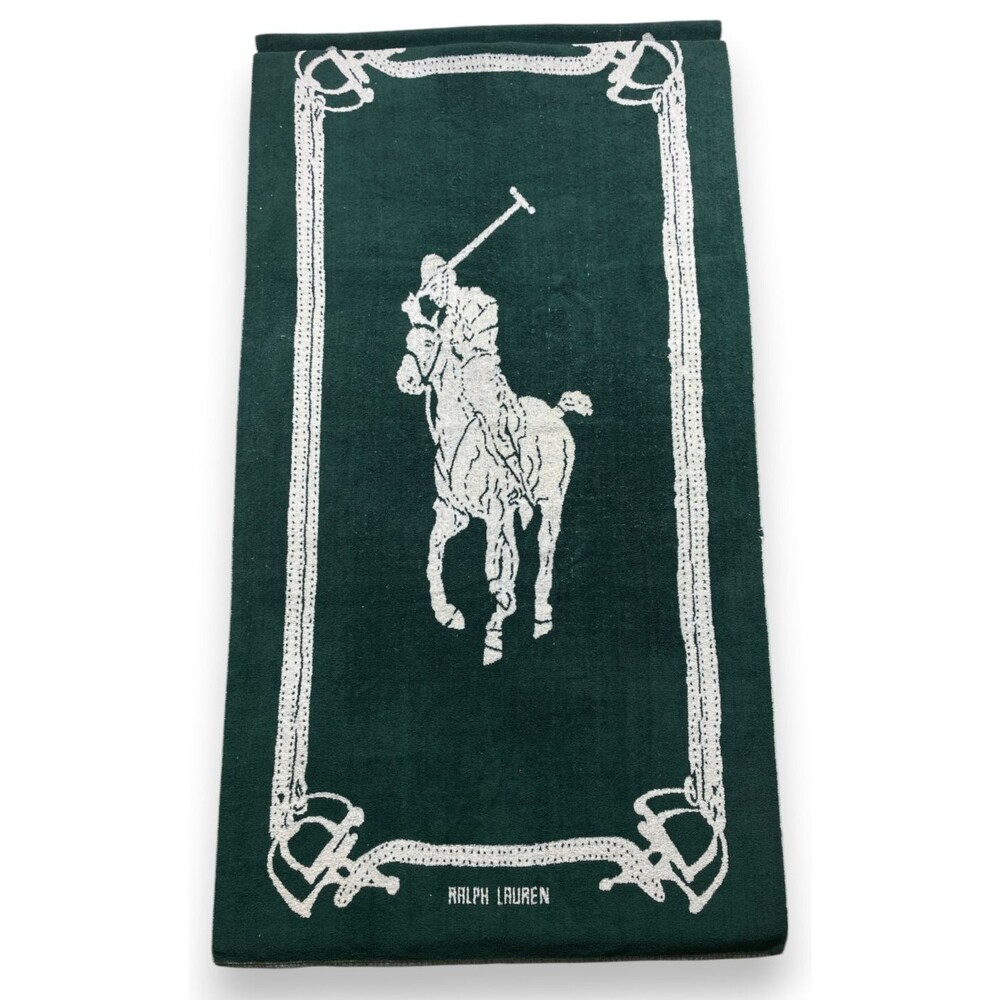 Vintage Ralph Lauren Beach Towel Green White Big Pony Polo Equestrian Bridle USA